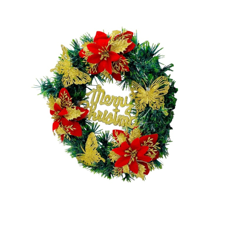 Coronita de Craciun artificiala 36 cm cu flori rosii poinsettia, fluturi aurii si mesaj Merry Christmas [1]