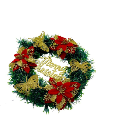 Coronita de Craciun artificiala 36 cm cu flori rosii poinsettia, fluturi aurii si mesaj Merry Christmas [2]