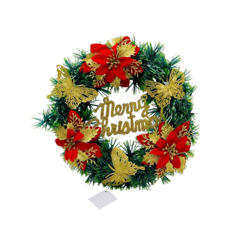 Articole pentru Craciun - Coronita de Craciun artificiala 36 cm cu flori rosii poinsettia, fluturi aurii si mesaj Merry Christmas