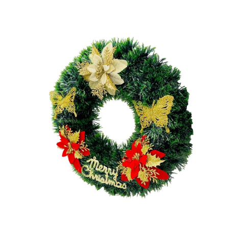 Coronita de Craciun artificiala 36 cm cu flori rosii si aurii, fluturi aurii si mesaj Merry Christmas [1]