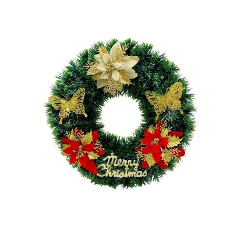 Articole pentru Craciun - Coronita de Craciun artificiala 36 cm cu flori rosii si aurii, fluturi aurii si mesaj Merry Christmas