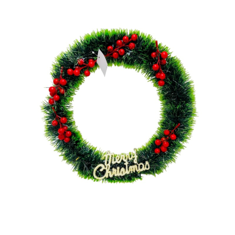 Articole pentru Craciun - Coronita de Craciun artificiala 36 cm cu fructe rosii si mesaj auriu Merry Christmas