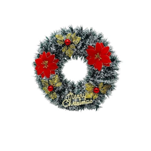 Articole pentru Craciun - Coronita de Craciun artificiala 40 cm cu flori rosii poinsettia, frunze aurii si mesaj Merry Christmas
