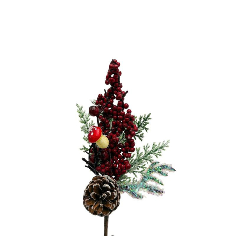 Crenguta decorativa de Craciun cu frunze inghetate, bobite rosii, 34cm [2]