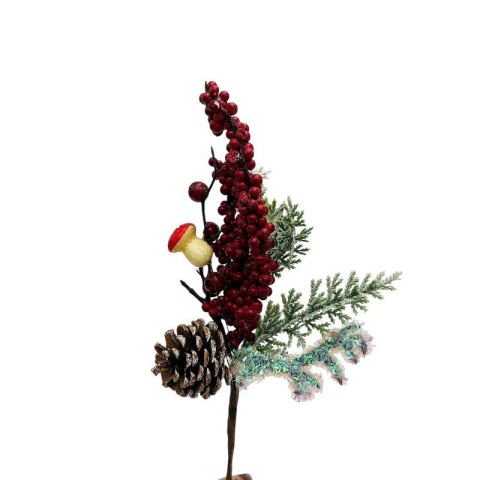 Articole pentru Craciun - Crenguta decorativa de Craciun cu frunze inghetate, bobite rosii, 34cm