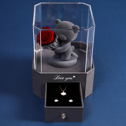 Aranjamente florale - Cutie cadou luxoasa cu ursulet decorativ, trandafir criogenat si sertar pentru daruri personalizate