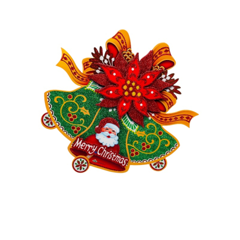 Articole pentru Craciun - Decor Craciun 3D clopot verde cu floare poinsettia si Mos Craciun – Merry Christmas, 45x30 cm