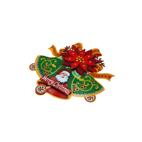 Decor Craciun 3D clopot verde cu floare poinsettia si Mos Craciun – Merry Christmas, 45x30 cm [2]