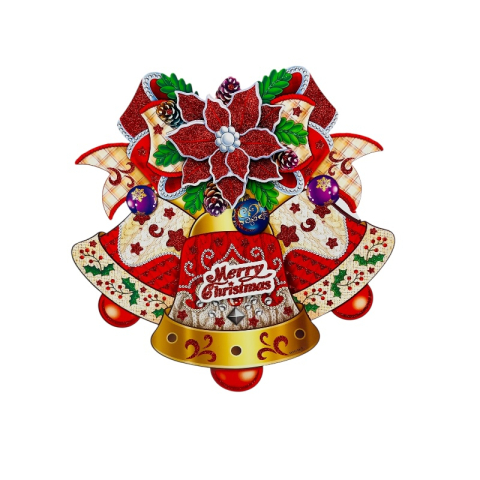 Articole pentru Craciun - Decor Craciun 3D clopotei cu floare poinsettia – Merry Christmas, 45x30 cm