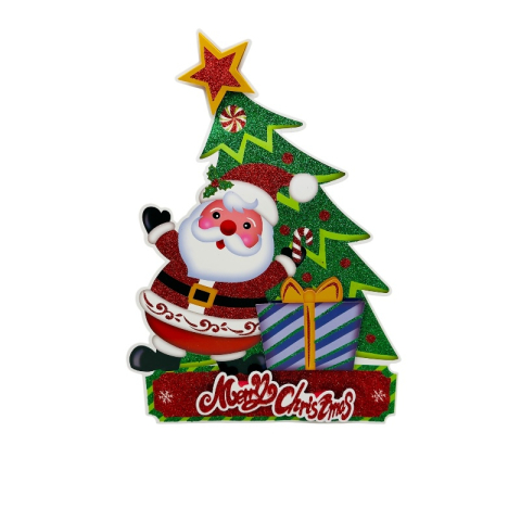 Articole pentru Craciun - Decor Craciun 3D Mos Craciun cu brad si cadouri – Merry Christmas, 45x30 cm