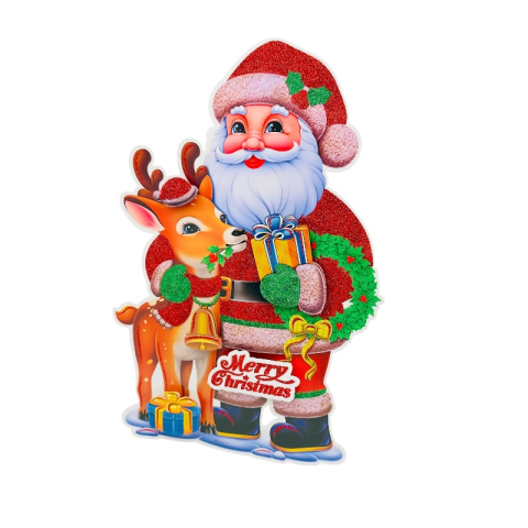 Decor Craciun 3D Mos Craciun cu ren si cadouri – Merry Christmas, 45x30 cm [1]