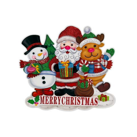 Articole pentru Craciun - Decor Craciun 3D Mos Craciun cu ren si om de zapada – Merry Christmas, 45x30 cm