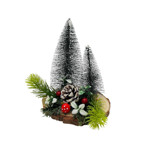 Decoratiune Craciun cu 2 brazi pe suport din lemn natural  16x13x13cm [1]
