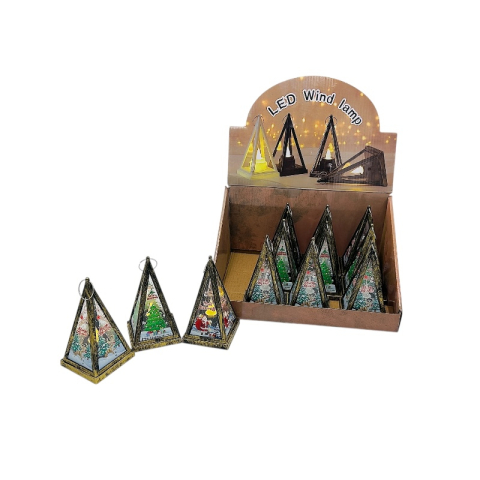 Articole pentru Craciun - Felinar piramida LED 10 cm, modele Craciun asortate cu agatatoare – decor luminos vintage