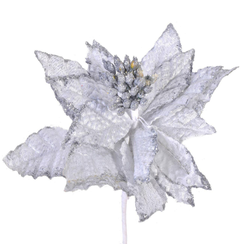 Floare de Craciun Poinsettia alb-argintiu cu glitter, clip/tija, 32 cm [1]