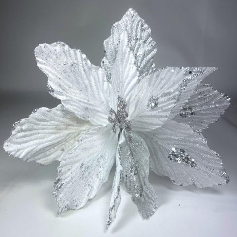 Floare de Craciun Poinsettia alb-argintiu cu glitter, clip/tija, 32 cm [3]