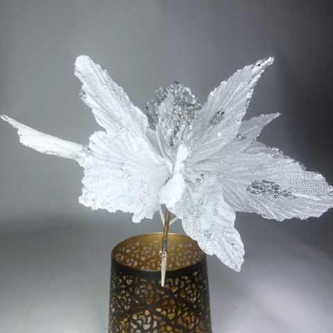 Floare de Craciun Poinsettia alb-argintiu cu glitter, clip/tija, 32 cm [2]