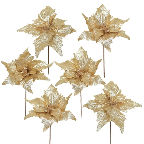 Floare de Craciun Poinsettia auriu cu glitter, clip/tija, 32 cm [3]