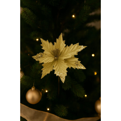 Floare de Craciun Poinsettia auriu cu glitter, clip/tija, 32 cm [1]
