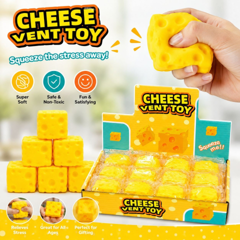 Jucărie Antistres Brânză din Silicon 5x5x5cm - Cheese Vent Toy, Squishy Moale, Elastic și Relaxant pentru Copii [2]