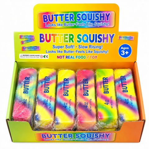 Jucarii antistres si senzoriale - Jucarie antistres Butter Squishy 13cm, model pachet de unt rainbow marble, slow rising