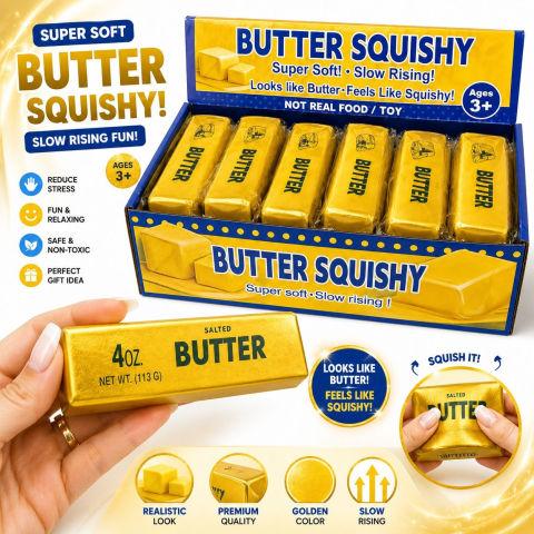 Jucărie Antistres Butter Squishy Auriu, 13cm - Squishy în Formă de Unt, Slow Rising, Super Moale [1]