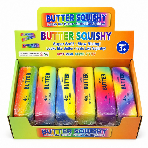 Jucarii antistres si senzoriale - Jucarie antistres Butter Squishy Rainbow 13cm, model pachet de unt, culoare aleatorie
