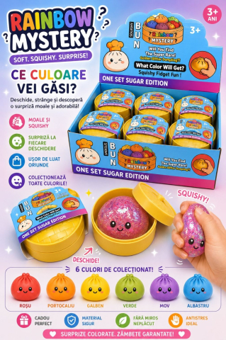 Jucărie Antistres Squishy Dumpling cu Bile Gel Colorate Mari, 8 cm, Surpriză Rainbow Mystery [1]