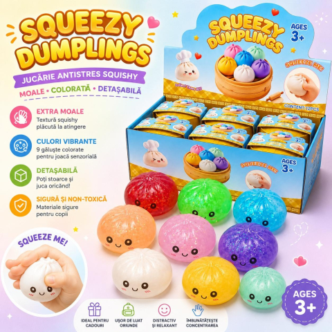 Jucarii antistres si senzoriale - Jucarie Squishy Antistres Dumplings / Galusca, 8.5 cm, Extra Moale, Cu Sclipici, Copii 3+