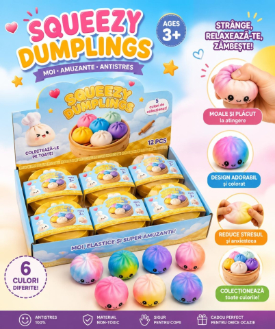 Jucarii antistres si senzoriale - Jucarie Squishy Antistres Dumplings / Galusca, 8.5 cm, Moale si Elastica, Copii 3+, Multicolor
