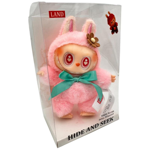 Labubu Plus Roz 18cm – Jucarie de Colectie Hide and Seek, in Costum Pufos cu Urechi de Iepuras, Fundita Verde si Floare, Editie Limitata in Cutie,  [3]