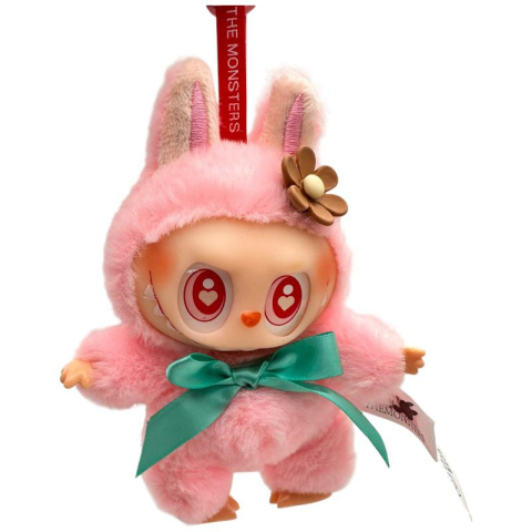 Labubu Plus Roz 18cm – Jucarie de Colectie Hide and Seek, in Costum Pufos cu Urechi de Iepuras, Fundita Verde si Floare, Editie Limitata in Cutie,  [2]