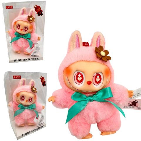 Labubu Plus Roz 18cm – Jucarie de Colectie Hide and Seek, in Costum Pufos cu Urechi de Iepuras, Fundita Verde si Floare, Editie Limitata in Cutie,  [1]