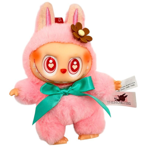 Labubu Plus Roz 18cm – Jucarie de Colectie Hide and Seek, in Costum Pufos cu Urechi de Iepuras, Fundita Verde si Floare, Editie Limitata in Cutie,  [4]