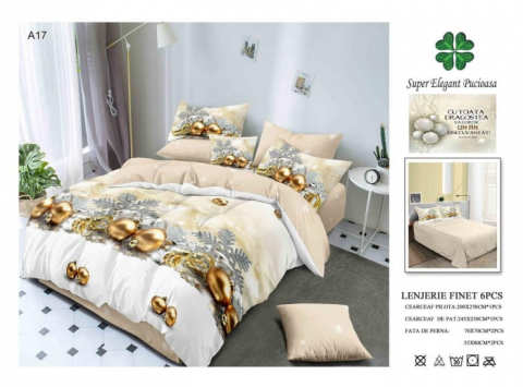 Textile pentru casa - Lenjerie finet Pucioasa 6 piese, pat dublu, model de Craciun