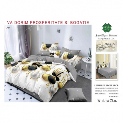 Textile pentru casa - Lenjerie finet Pucioasa 6 piese, pat dublu, model de Craciun
