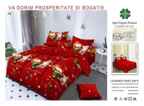 Textile pentru casa - Lenjerie finet Pucioasa 6 piese, pat dublu, model de Craciun