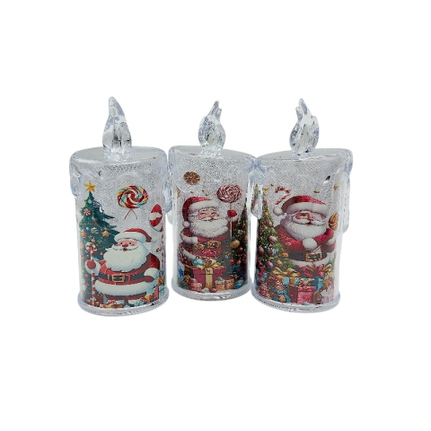 Lumanare ,  1buc, LED 7 cm in cilindru acrilic cu imprimeu Mos Craciun, baterii incluse – mini tealight cu flacara calda [1]