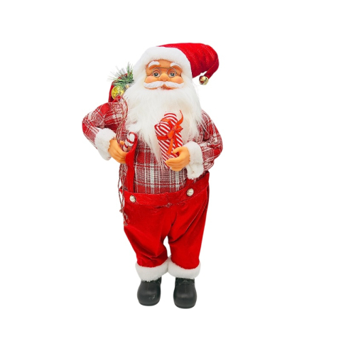 Articole pentru Craciun - Mos Craciun decorativ 62 cm cu bastonas, pulover in carouri si pantaloni catifelati – figurina clasica de Craciun
