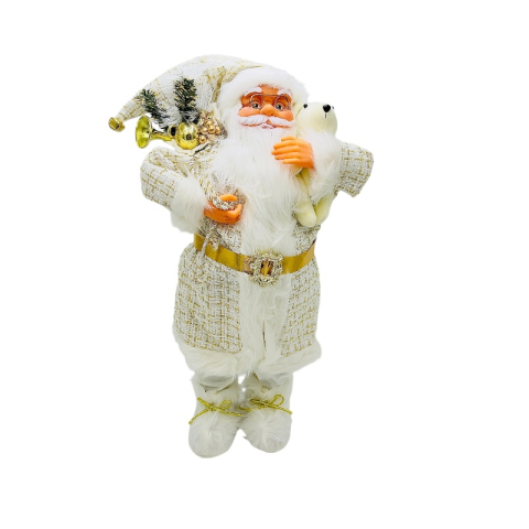 Articole pentru Craciun - Mos Craciun decorativ 70 cm alb-auriu cu ursulet si sac cu crengute – figurina eleganta de Craciun pentru decor de lux
