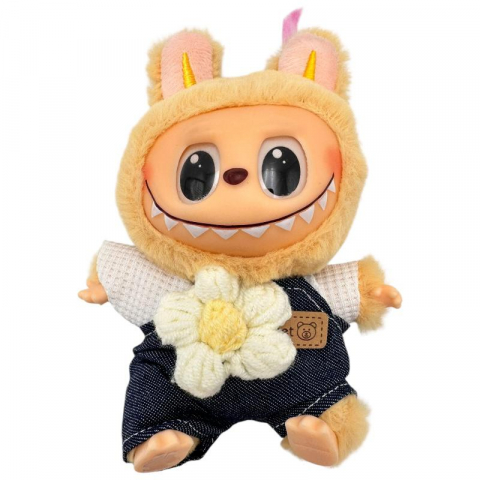 Jucarii de plus - Plus Labubu Galben 18cm – Fall in Wild – Figurina Colectie in Cutie cu Salopeta si Floare Decorativa, BaoBao