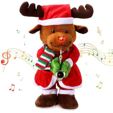 Articole pentru Craciun - Ren de Craciun muzical animat cu saxofon, nas luminos LED si dans – decor interactiv sarbatori