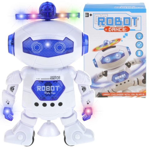 Jucarii, Copii & Bebe - Robot dansator 360° cu lumini LED si muzica, auto-evitare obstacole, cap cu proiector, alb/negru