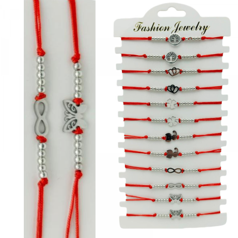 Martisor Bratara - Set 12 Bratari Martisor, bile si simbol din Inox, snur rosu reglabil, modele diferite in set