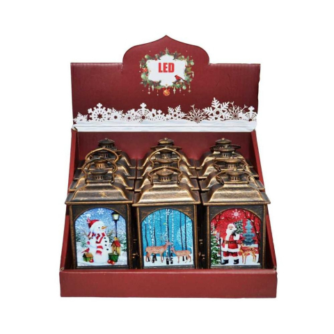 Articole pentru Craciun - Felinar Crăciun LED 14×7 cm 1buc – bronz antichizat, printuri festive mixte