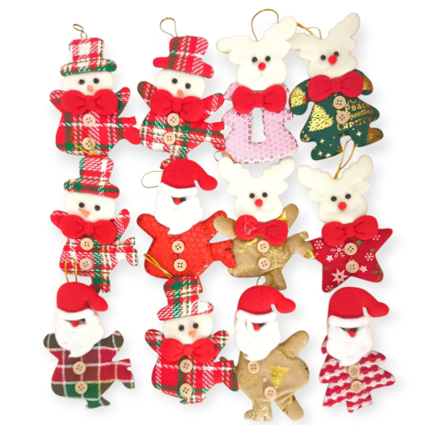 Articole pentru Craciun - Set 12 figurine textile Craciun – Mos, Om de zapada, Ren, stelute, 11-14cm