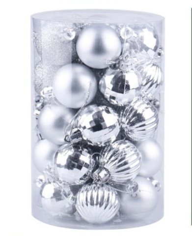 Articole pentru Craciun - Set 34 globuri de Craciun pentru brad – 26x18x18cm, nuanta argintiu, finisaj lucios/satinat/ sclipici