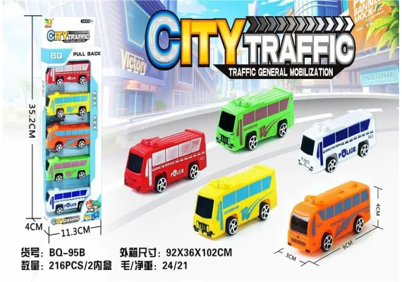 Masinute si vehicule - Set 5 autobuze City Traffic, pull-back action, 32.5×11.5×4cm, multicolor, +3ani,  