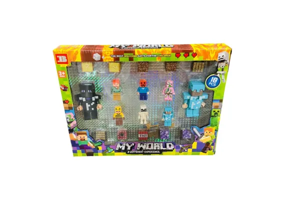 Jucarii, Copii & Bebe - Set 8 figurine pixelate si 10 cuburi puzzle, compatibile cu platforme de construit, multicolor, 32×24cm, 