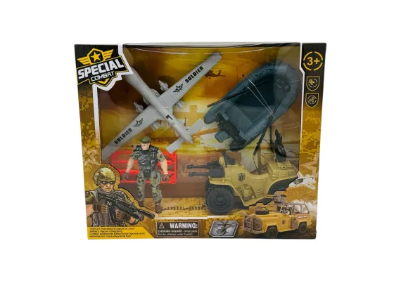 Jucarii, Copii & Bebe - Set Special Combat - Barca Militara, Drona, Jeep si Figurina Soldat 27×23×7cm 